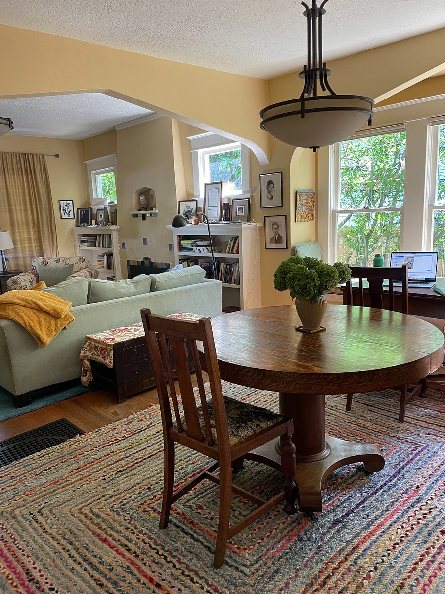 Beautiful round dining table. Desk was added to this room during Covid. Can be stored in basement if preferred.