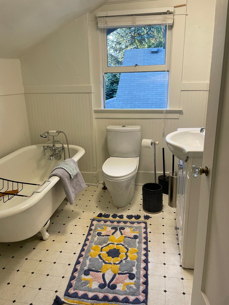Clawfoot tub with shower nozzle. No stand up shower due to ceiling height/angle
