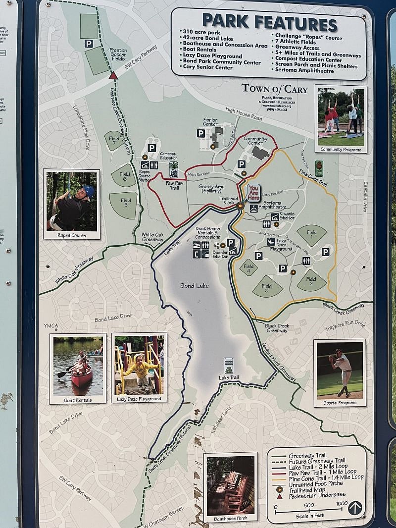 Map of Bond park which shows the many baseball fields, facilities and trails available to the public.