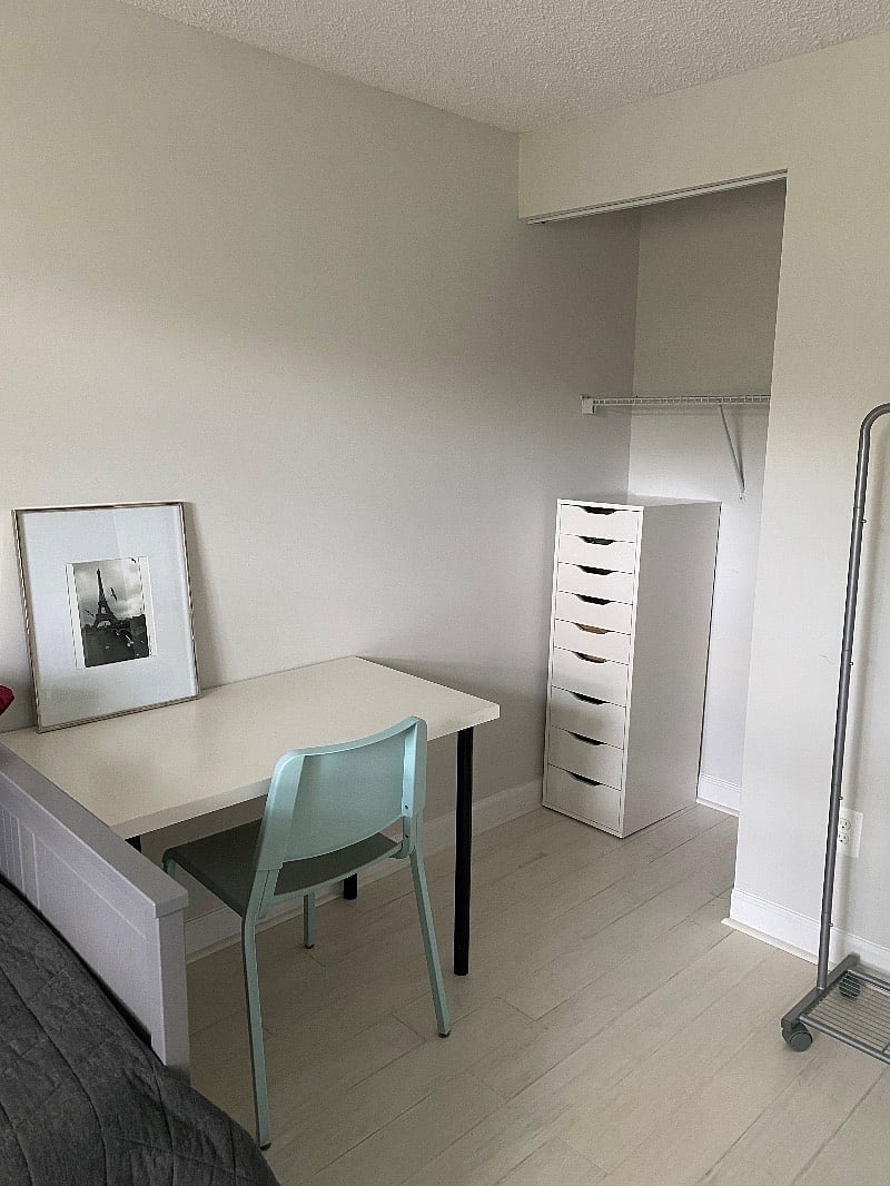 Desk area and view of the closet.