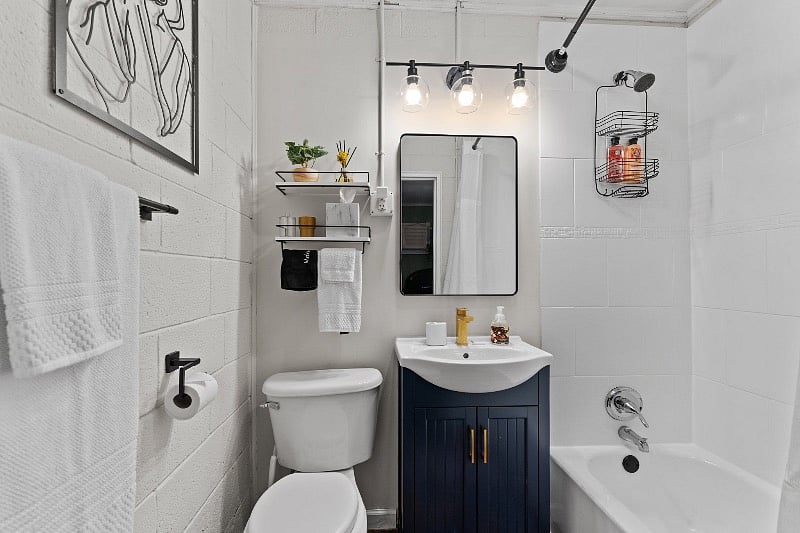 Bathroom has everything you need including soap, shampoo, conditioner, and a hairdryer for your convenience