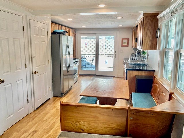 Kitchen with sliding doors to deck.