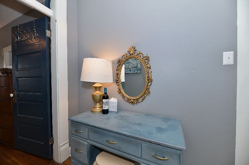 The vanity in the master bedroom can easily remain a vanity or be used as an extra desk.