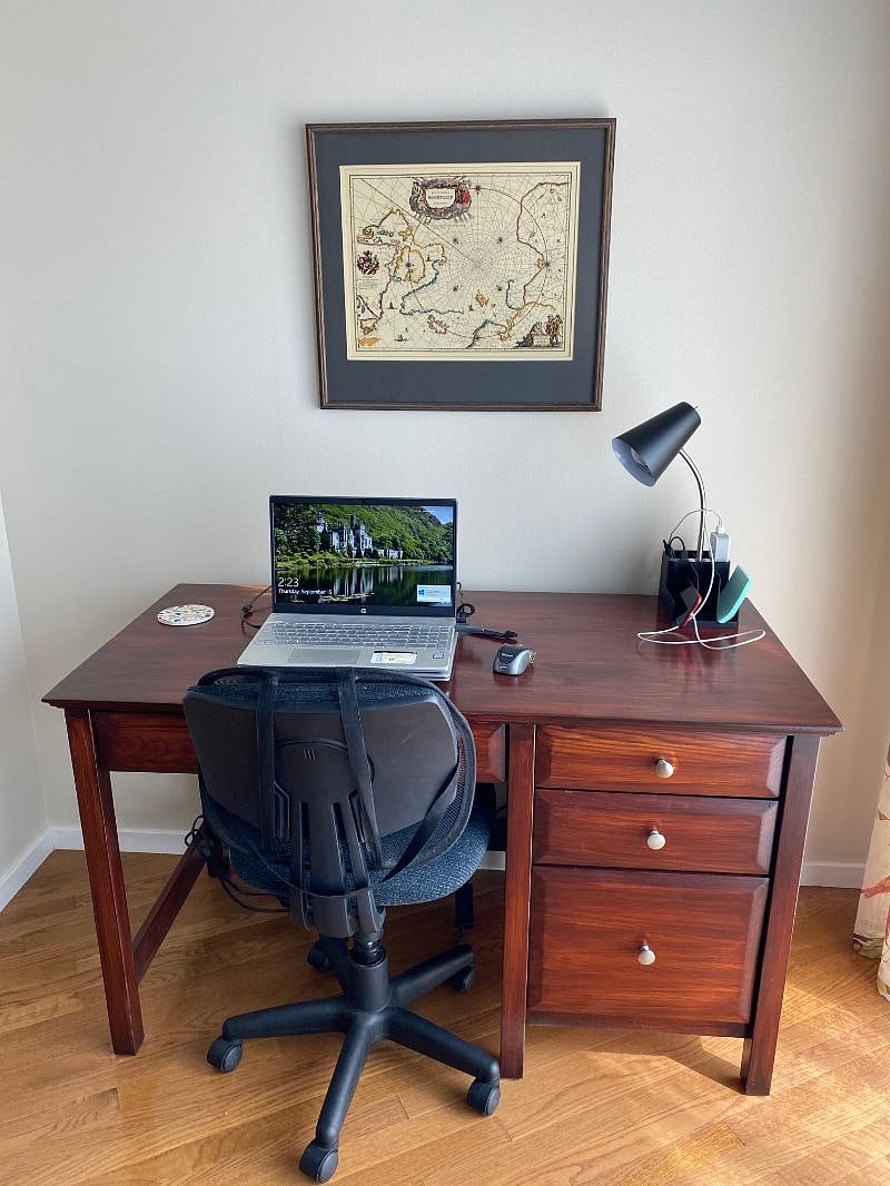 The desk area works well for computer work.  The desk lamp offers plugins for electronics.