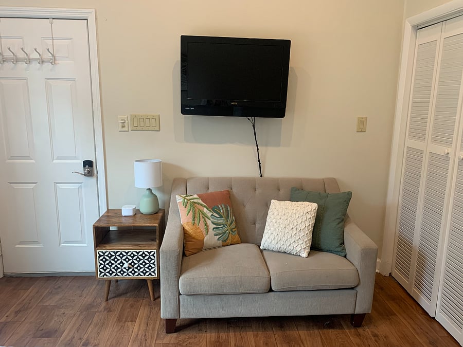 Loveseat seating area and mounted TV
