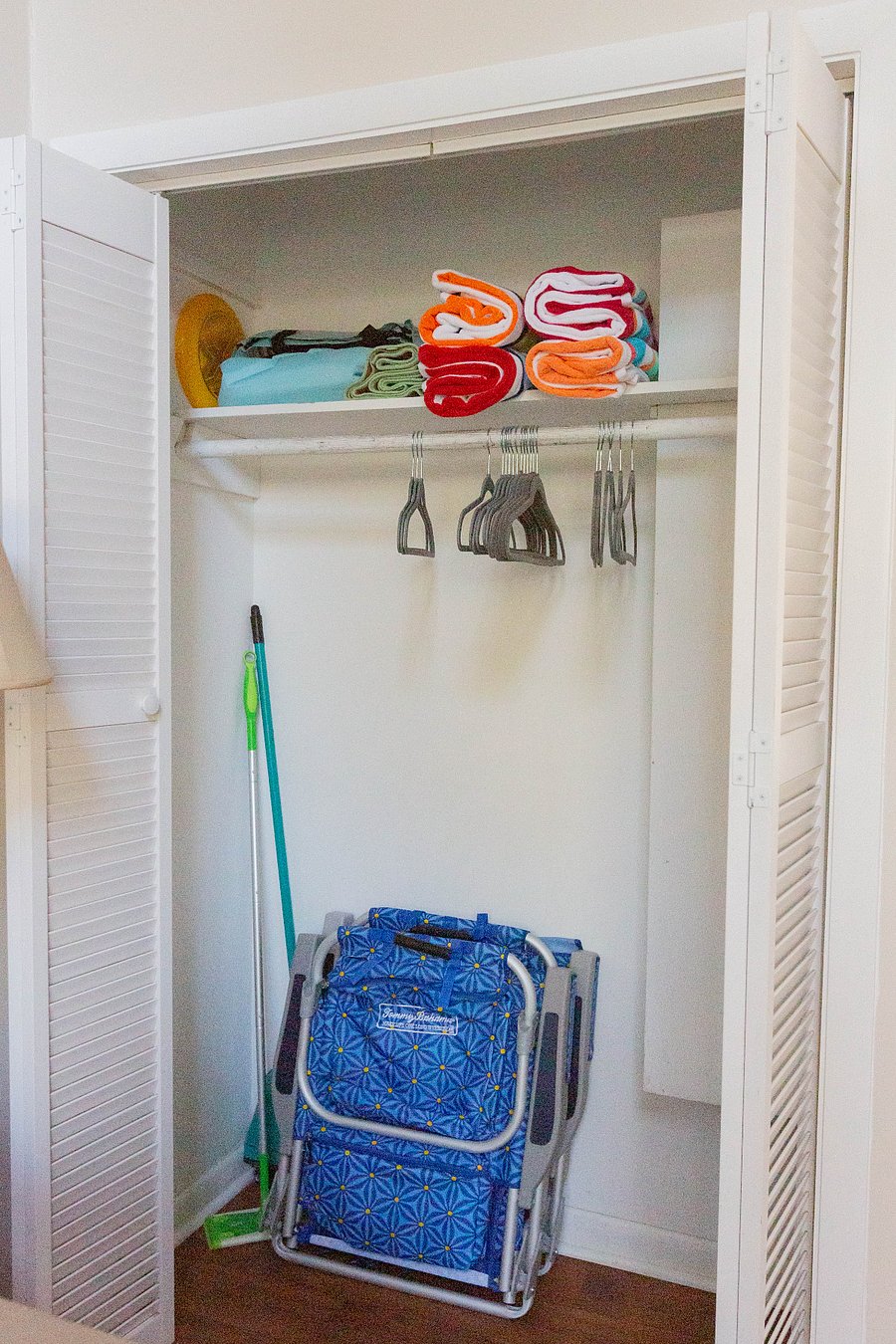 Large closet. Backpack cooler beach chairs and beach towels provided