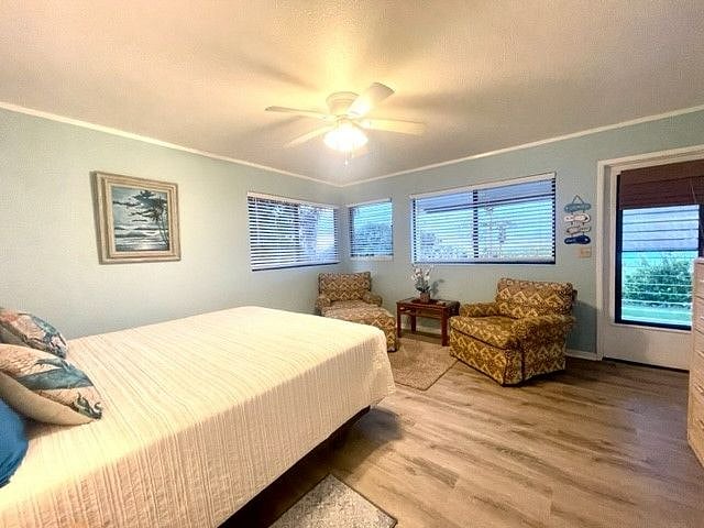 Bedroom and sitting area. King size bed, dresser and wall mounted TV.