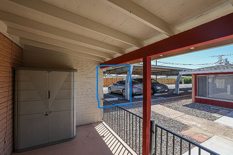 Back Patio - Outlined In Blue Is The Assigned Covered Parking Space, Right Next To The Unit!