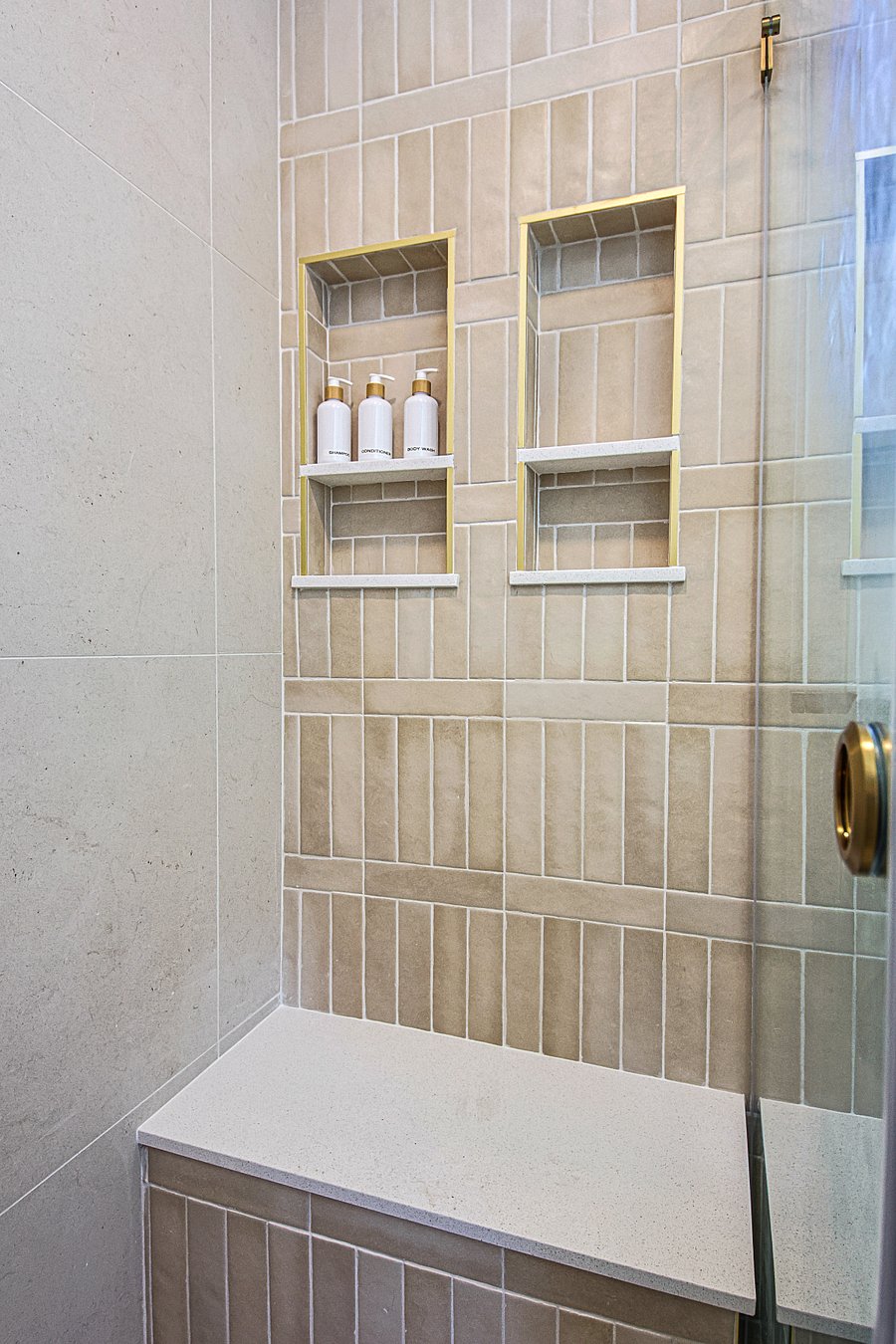 Custom shower seat & shampoo niches 