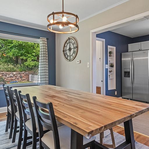 The full kitchen is fully equipped with everything you need to prepare meals, including a stove, oven, refrigerator, microwave, coffee maker, and all essential cookware and utensils.