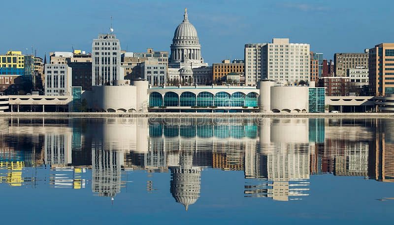 The view of the Capitol and Monona Terrace from the park a few blocks down. 