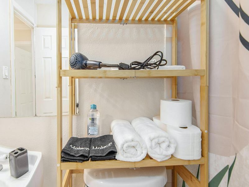 bathroom vanity and amenities