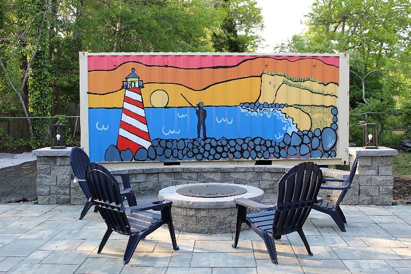 New large stone patio & firepit with built-in seating and additional seating as well as lighting.  