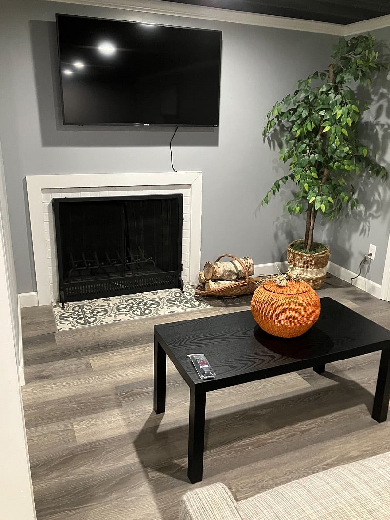 50-inch Smart TV, wood burning fireplace and very comfortable couch.
