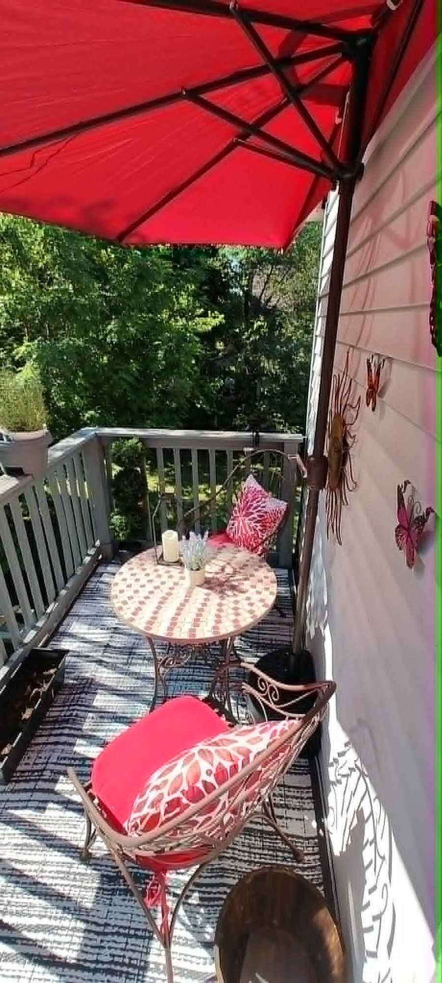 Private patio overlooking the fenced backyard. Great place for sun, a favorite beverage, or outdoor eating. Bluetooth speaker available for use during stay