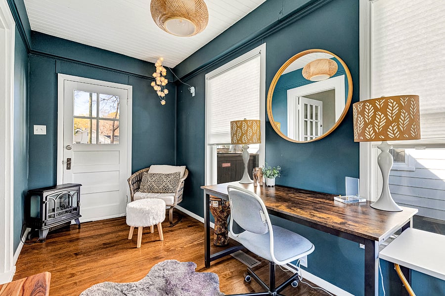 Dedicated workspace with a wooden desk, ideal for remote work or kids play.