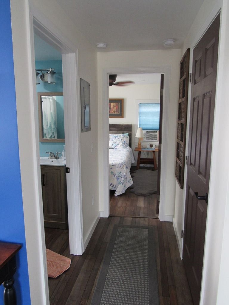 Down the hall to bathroom and bedroom