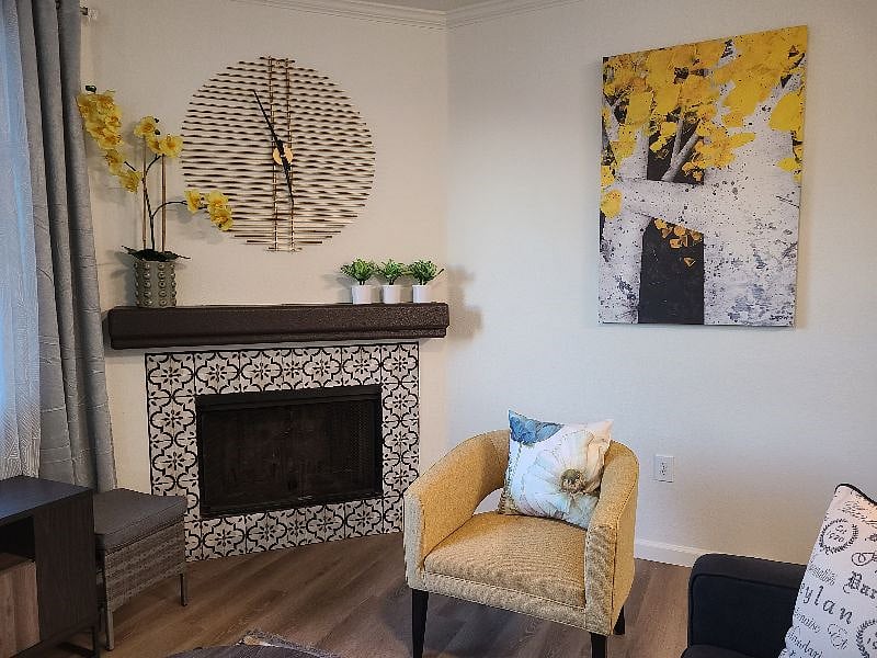 Wood burning fireplace in the living room
