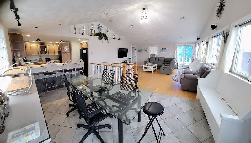 Dining area, living room, and kitchen