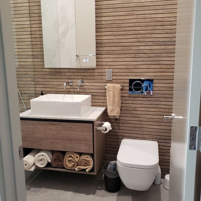 Bath with towels, soap, shampoo and hair dryer.