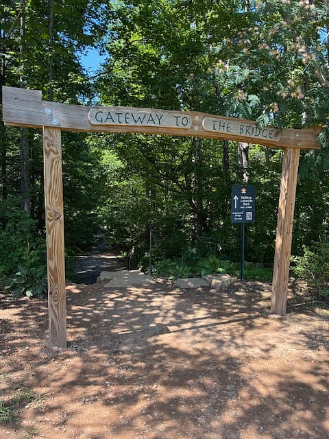 2nd Entrance to Valdese Lakeside Park from McGalliard Falls.  Swinging bridge is only a short walk.