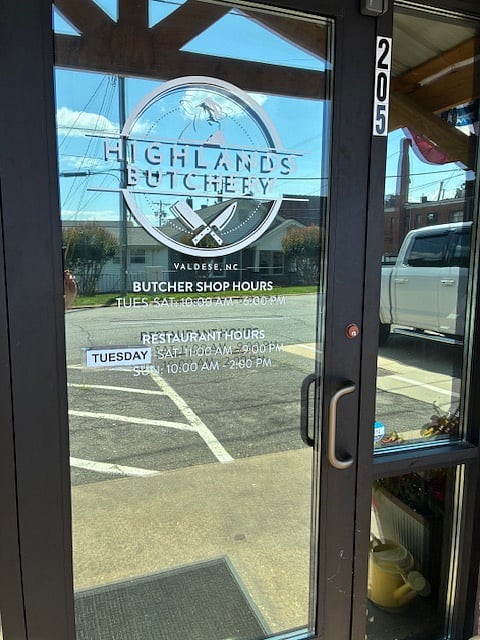 Highlands Butchery offering full bar, fresh meats and packaged foods and restaurant.  Downtown Valdese NC