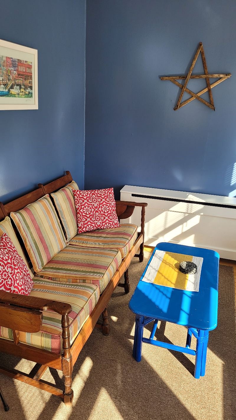 Sunny sunny (did I say sunny?) sun room with an upholstery by Carla.