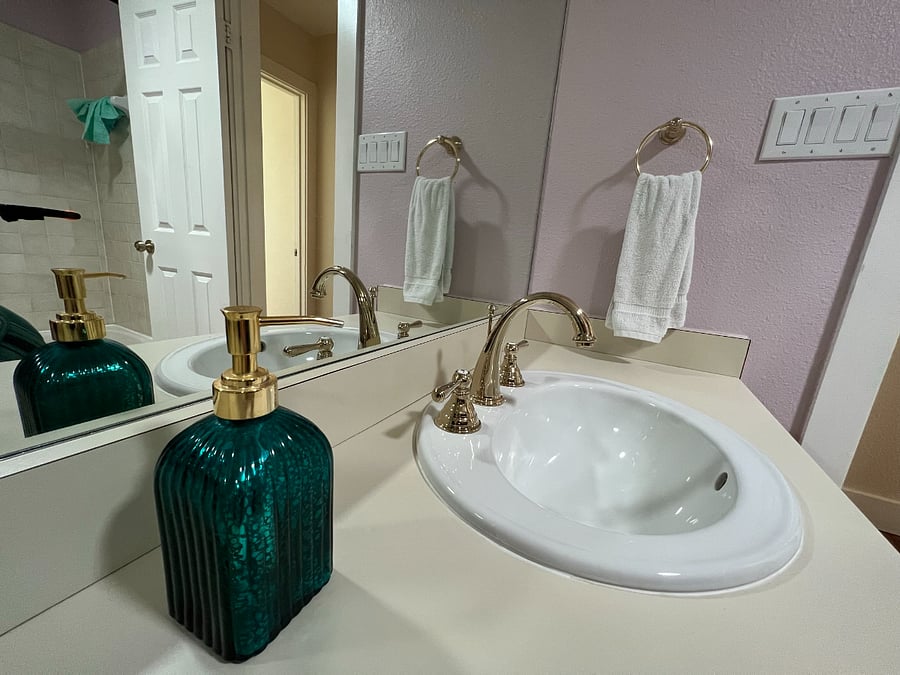 New Kohler sink and new gold tone hardware. Laminate countertops. All towels and hand soap provided.
