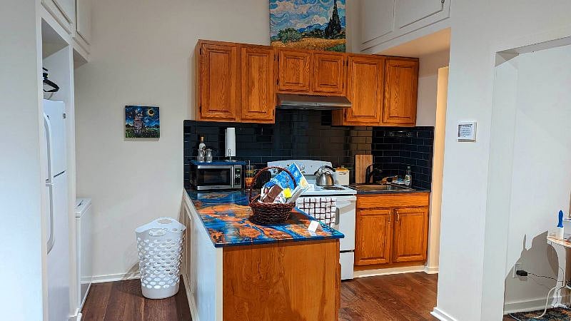The kitchen is designed with convenience in mind.