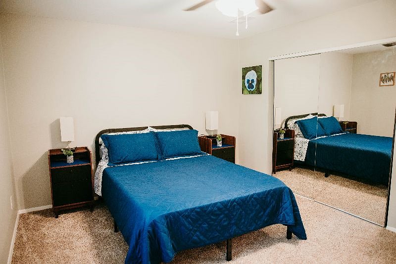 Second BR - Queen. Lamps are dimmable touch-on with USB ports to help charge your devices.