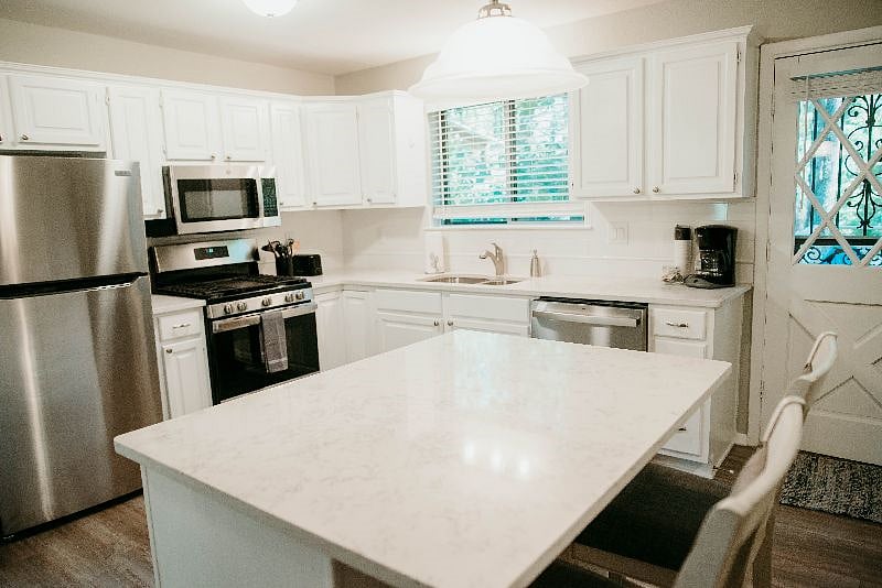 Fully equipped, remodeled kitchen with all new appliances! Basic cook and bakeware with other basics like foil, plastic wrap, sandwich bags, even outlet covers to help protect your Littles.