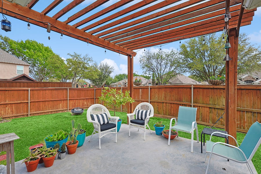 Outside patio, with lighting
Firepit in grass