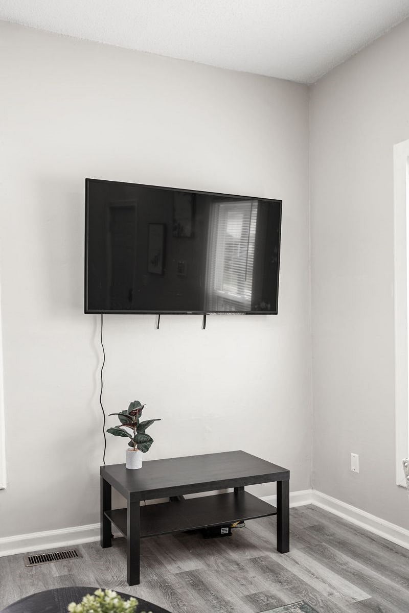 Minimalist living space with a wall-mounted flat-screen TV, clean white walls, and a decorative indoor plant adding a touch of greenery.