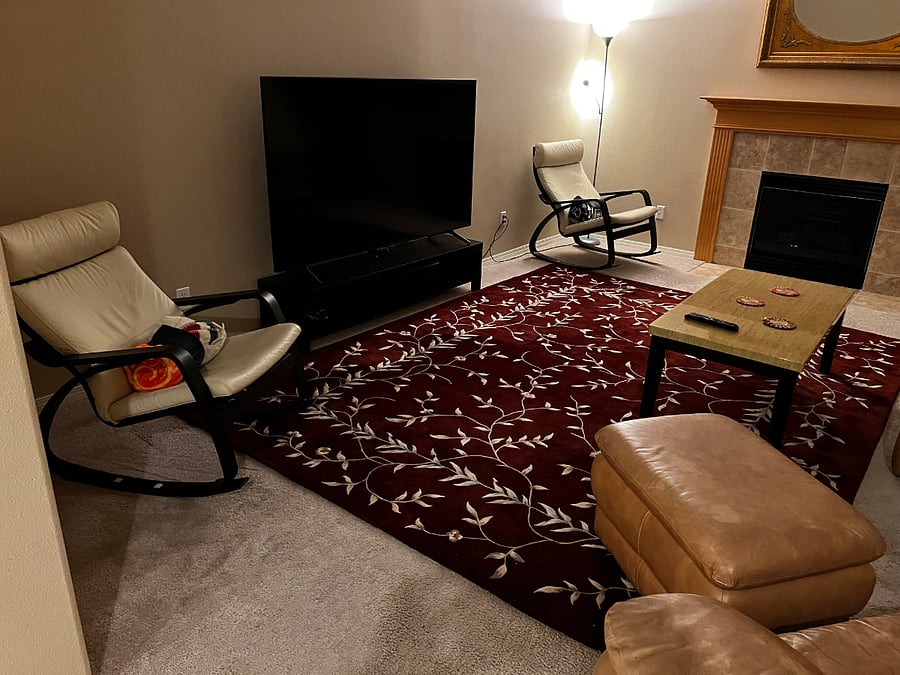 family room with 75's smart TV and a beautiful view to the wilderness.