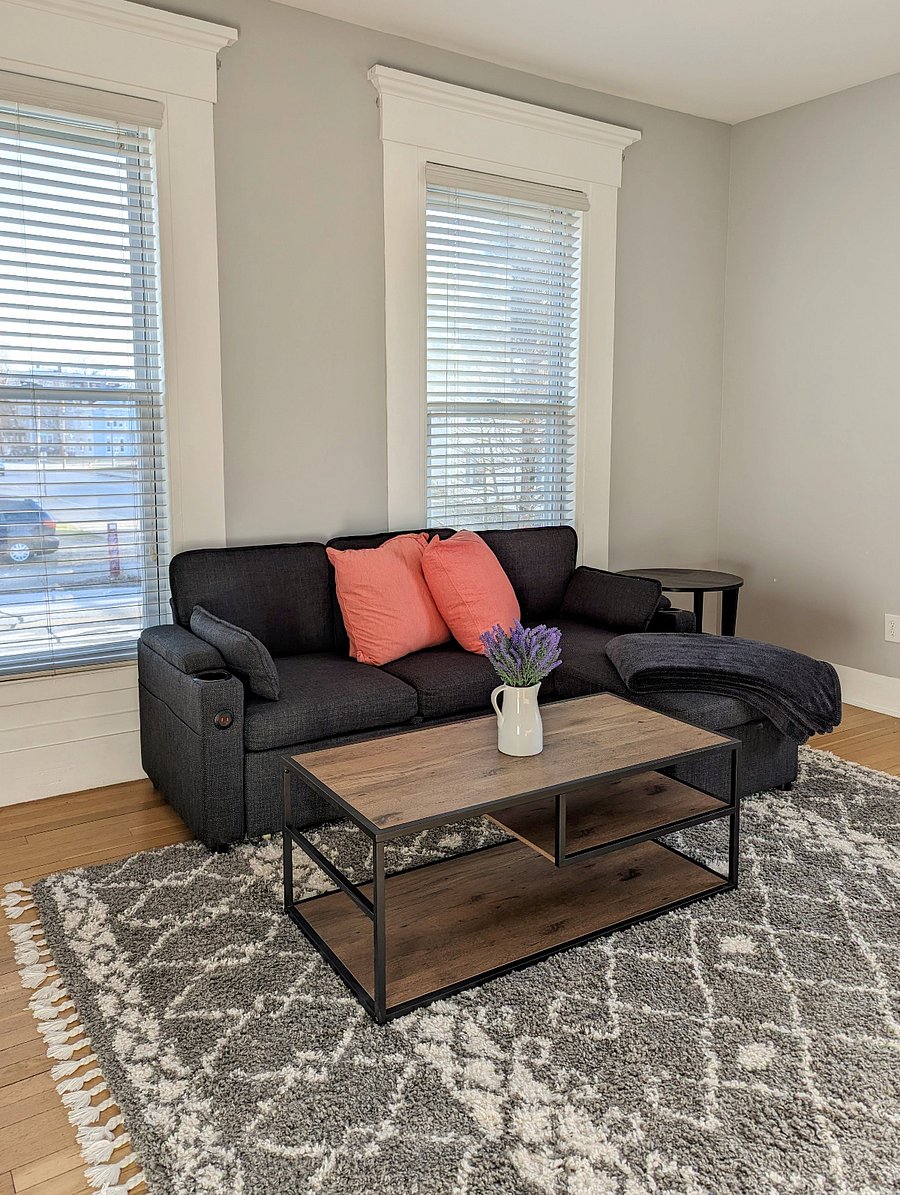 Couch in living room. There's a part that slides out to extend the area, allowing for sleeping - size is a little smaller than a queen bed.