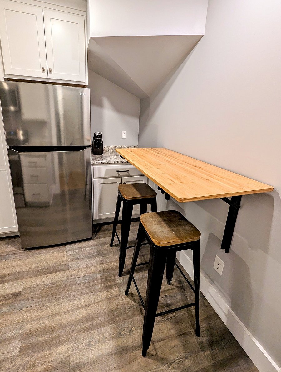 Dining area for two. Table folds away when not needed.
