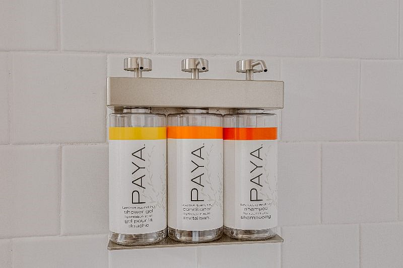Paya brand body wash, shampoo, and conditioner provided for you