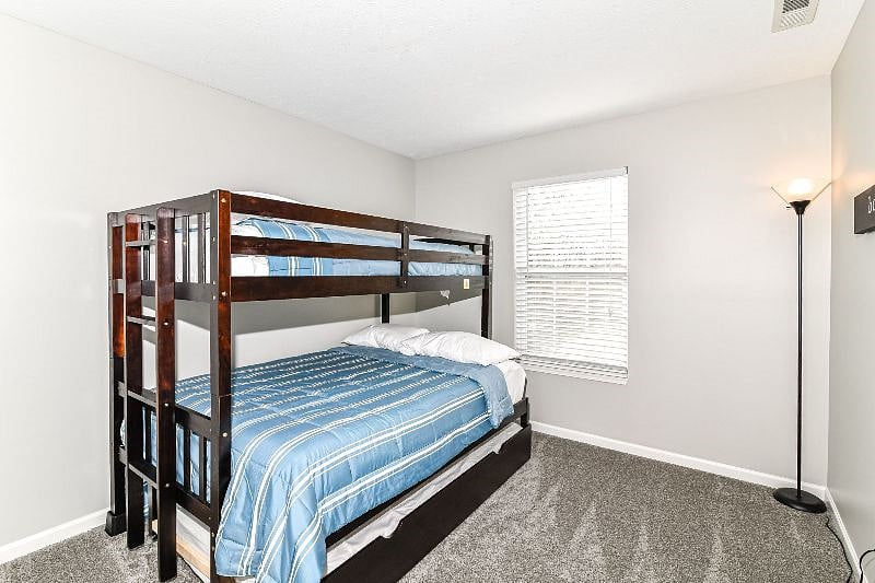 3dr bedroom with bunkbed (twin and full size) and hideaway twin bed.