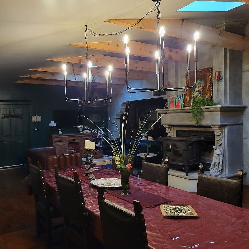 Dining room and living room stone fireplace