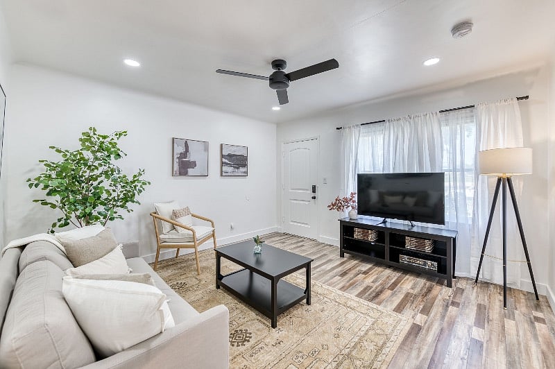 Relax on the Studio McGee couch & 55 inch TV with Netflix