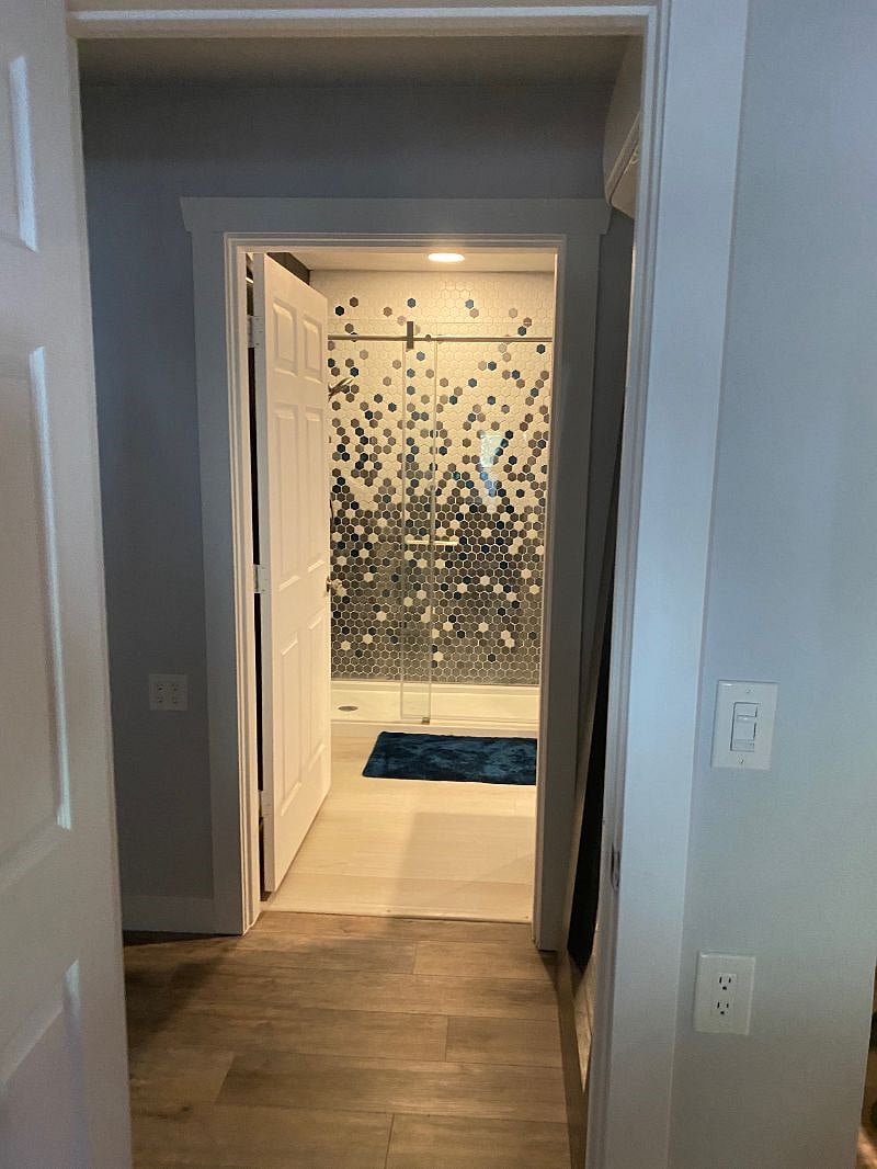 view from bedroom door into bathroom