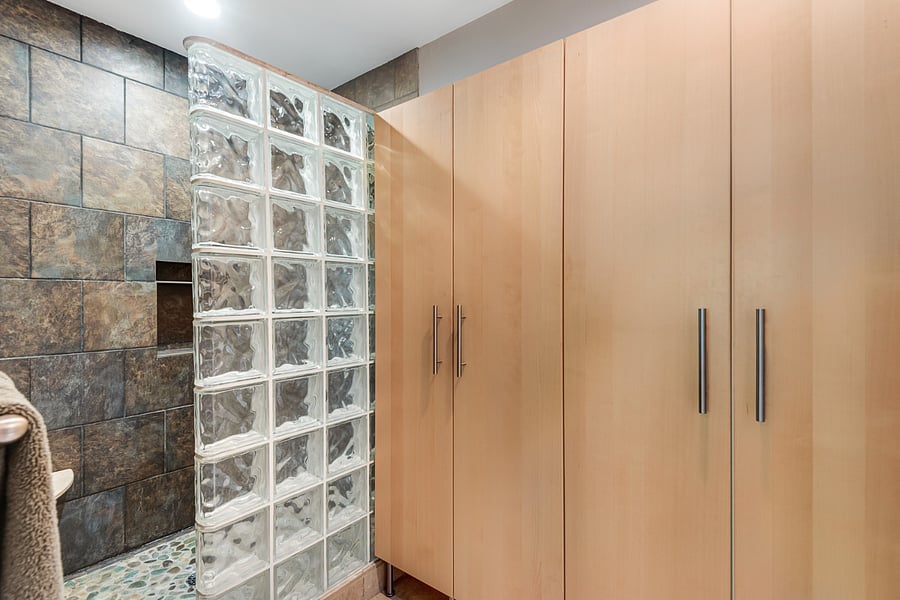 Gorgeous first floor rainfall shower. Adjoins to half-bath that locks off for privacy.