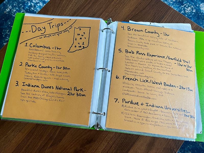 Book full of day trips and things to do in Indy and around Indiana is provided.