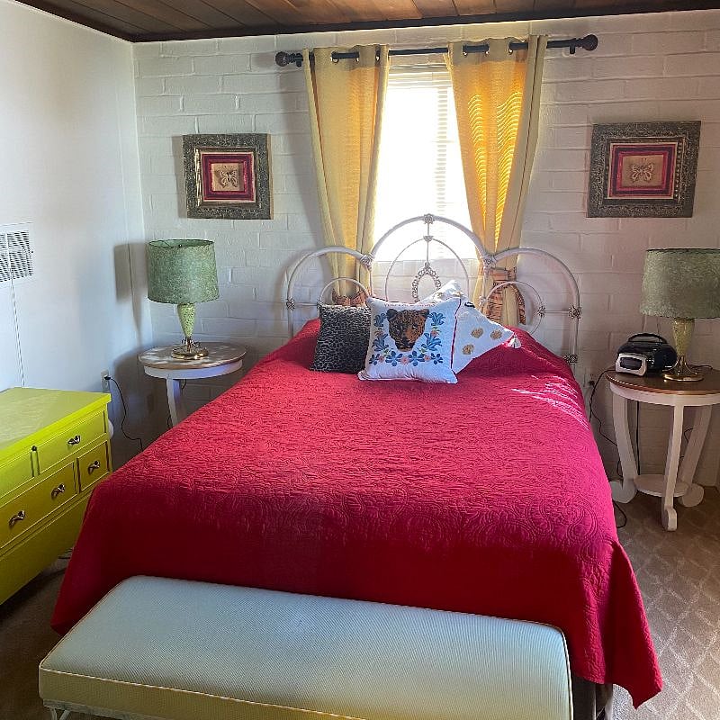 Queen size bed. Mattress has been covered with special fitted covering to keep it fresh.