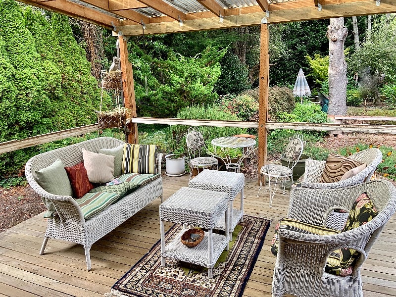 Back deck overlooks large, mature back yard.