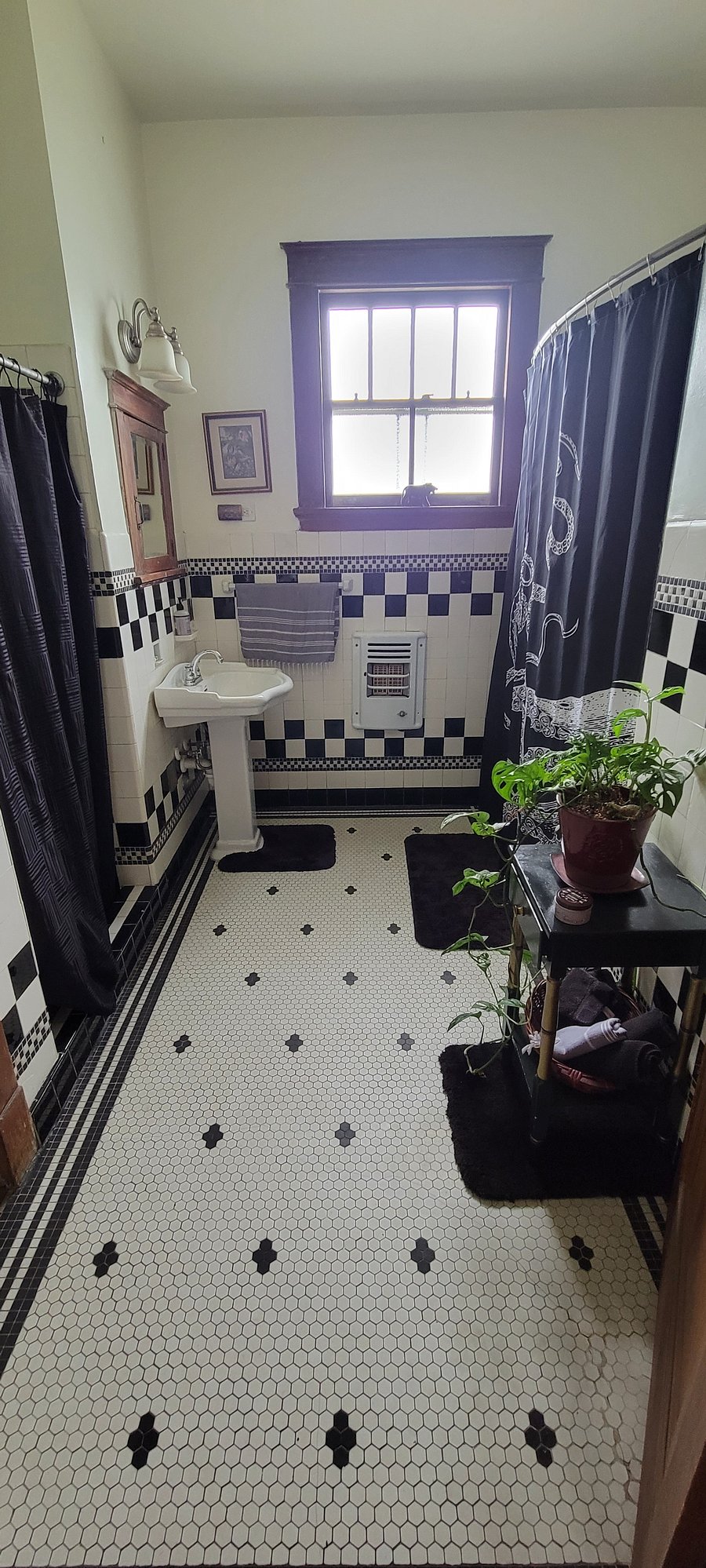 Bathroom with a deep porcelain tub.
