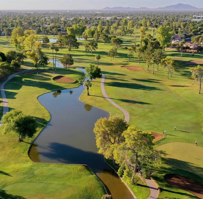 The golf course has a driving range and bar attached.