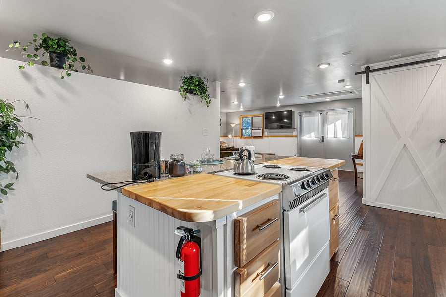 Kitchen and living area. Large barn door goes to bathroom.