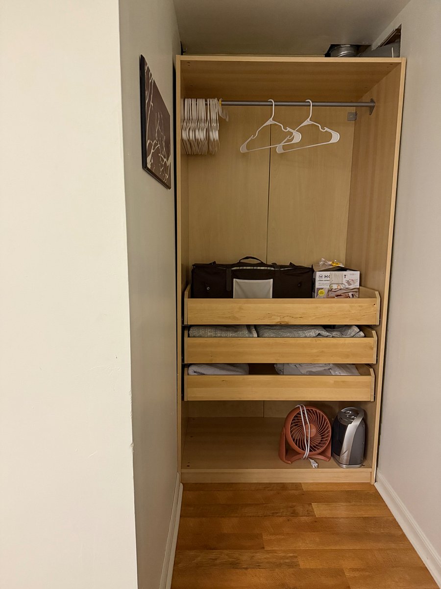 Closet with hangers and drawers.