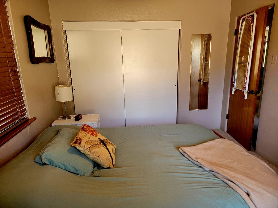 wall mirror and pull-down ironing board on back of door.